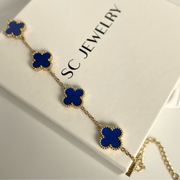 Clover Bracelet Royal Blue Double Sided Four Leaf - Picture 1 of 8